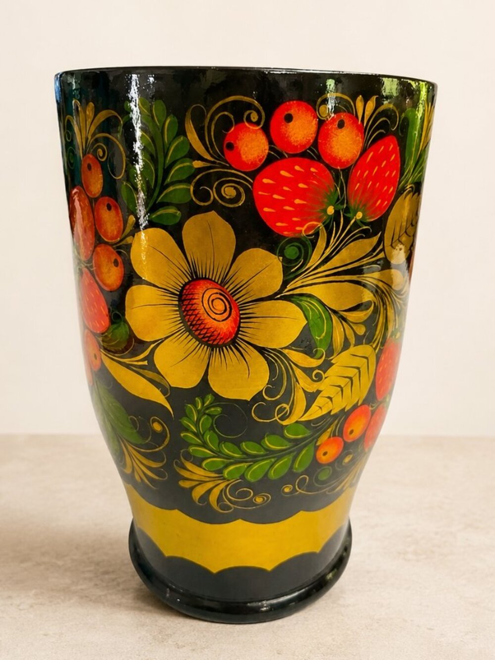 Vintage Russian Khokhloma Hand Painted Wood Floral Vase Folk Art